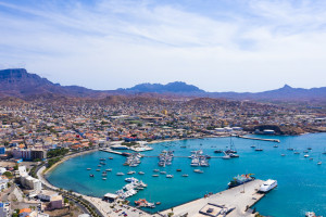 Aerial view of Laginha beach in Mindelo city in Sao Vicente Island in Cape Verde