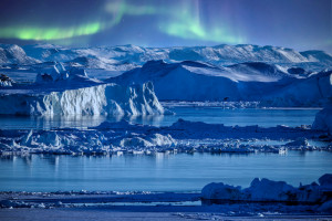 Icebergs with Aurora in Ilulissat Greenland