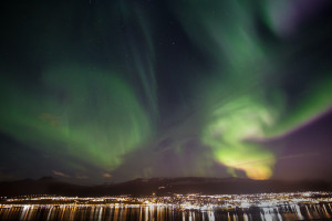 Northern light dance in Downtown of Akureyri, Iceland