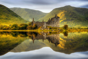 Kilchurn Castle reflections in Loch Awe at sunset, Scotland